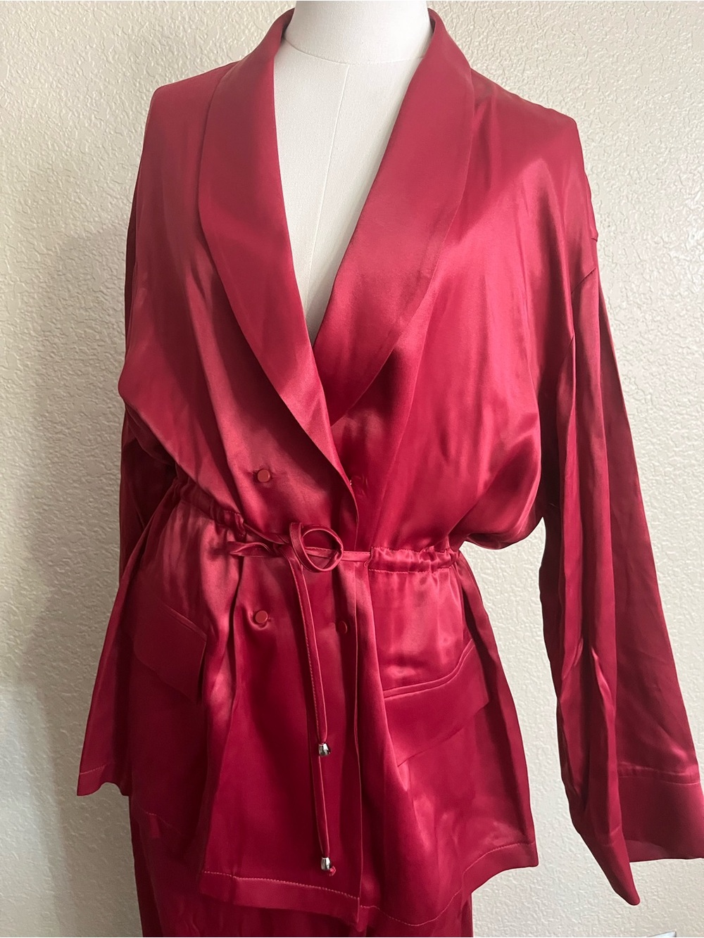 Women's Satin Drawstring Waist Jacket - Burgundy - Picture 3 of 13